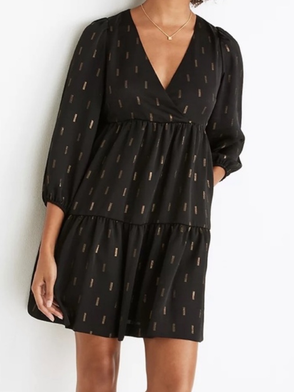 Madewell Black Jacquard Tiered V-Neck Mini Dress with Gold Metallic Print